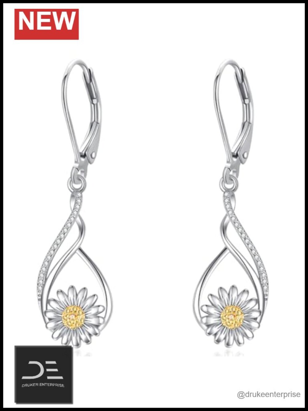 Daisy Dangle Leverback Earrings 925 Sterling Silver AAA CZ Drop Flower Jewelry